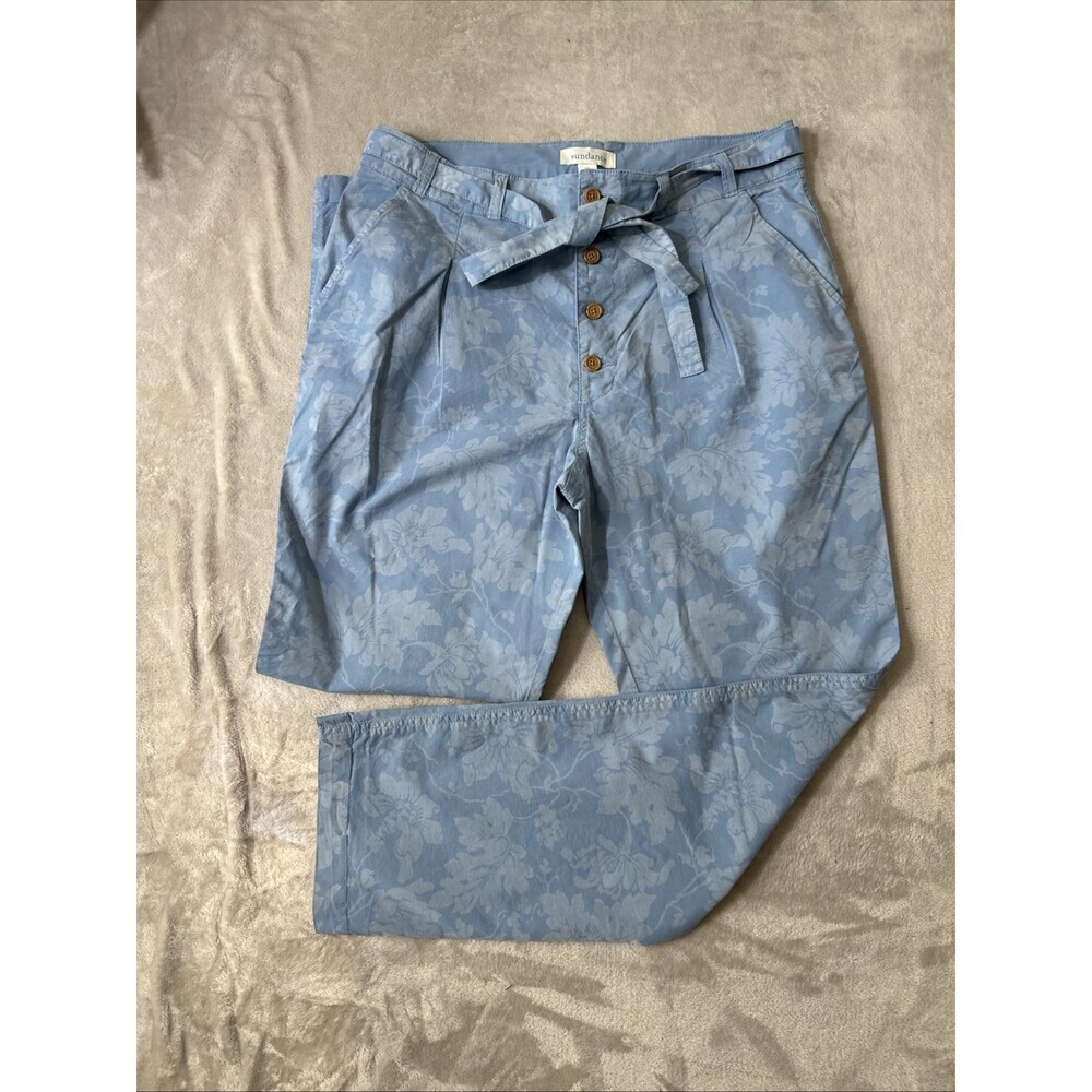 Sundance Womens Crop Pants Size 12 Blue Floral Tie Belt Button Front Cottage